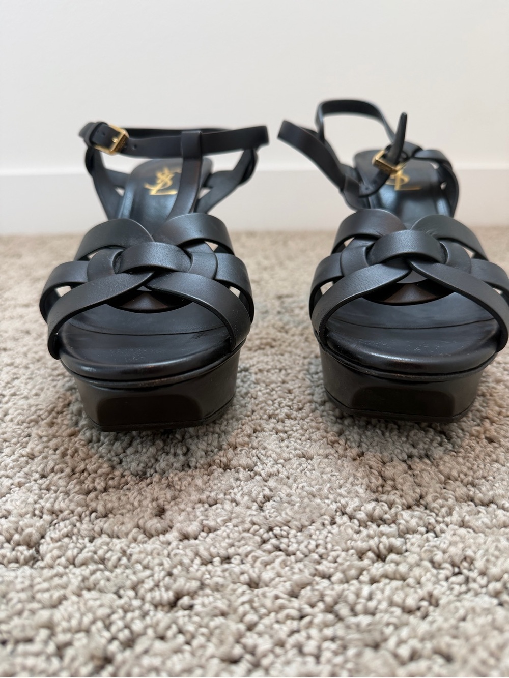 Authentic YSL Saint Laurent Black Leather T-Strap Tribute Platform Heels Sz 38.5 - Picture 6 of 8